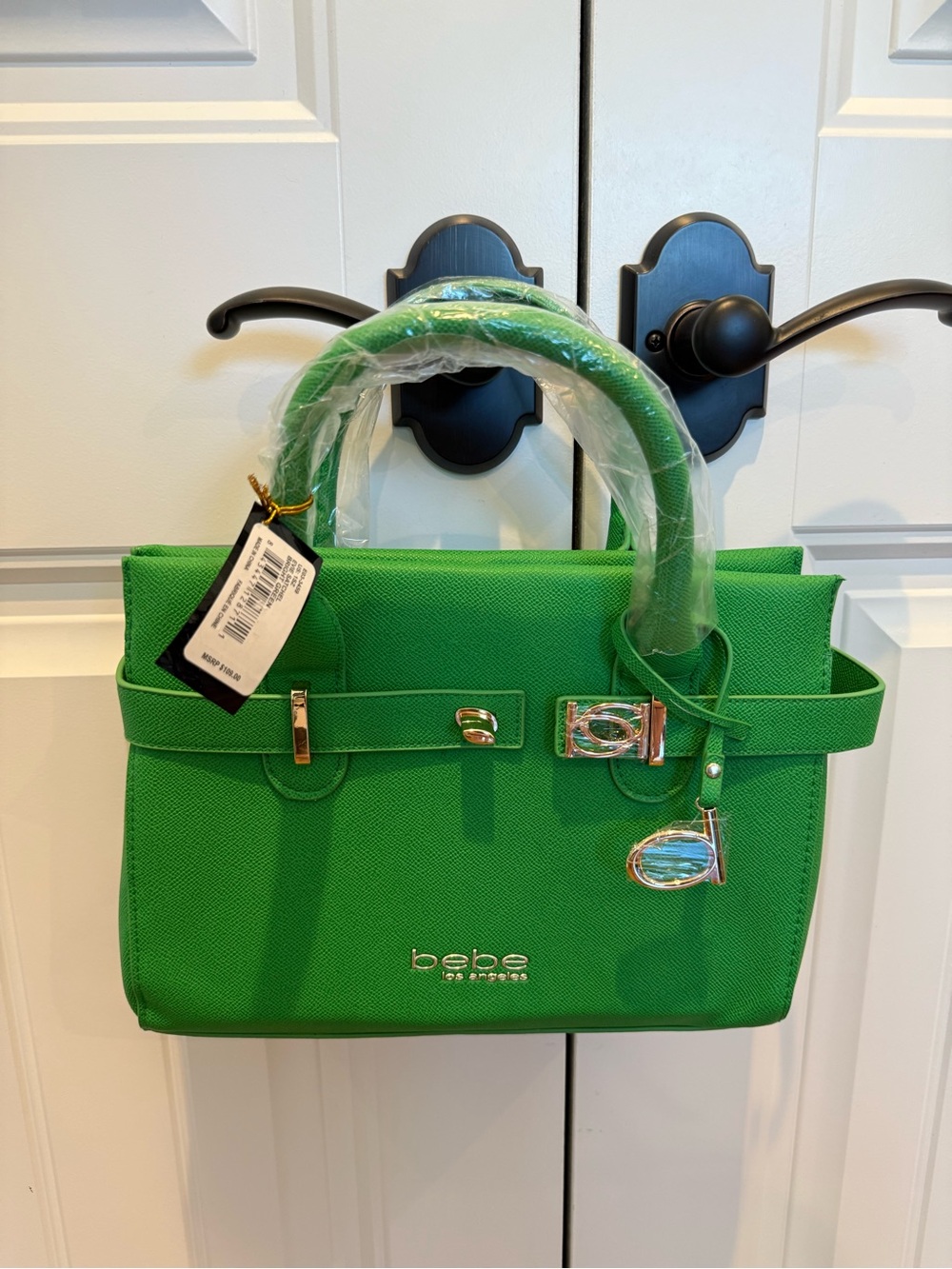 bebe Vibrant Green Structured Satchel with Gold Hardware brand new with tags